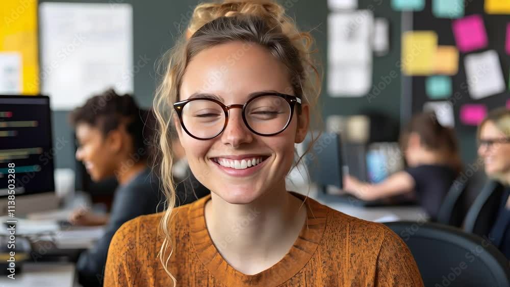 Aufkleber student smiles while working on a computer in a lively classroom filled with creativity and collabor