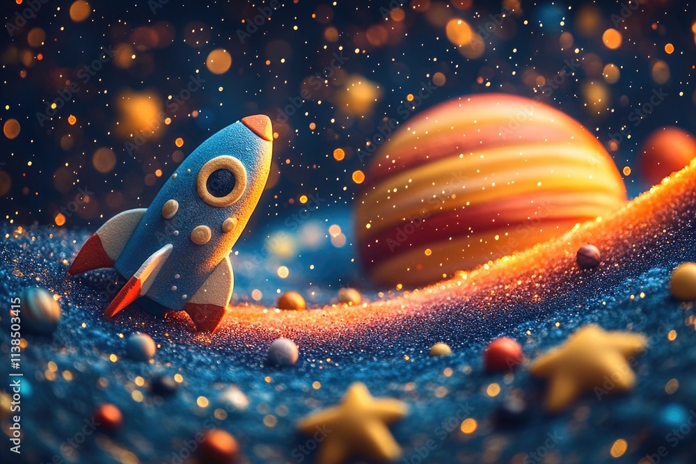 Poster a toy rocket floating in space with stars and planets in the background