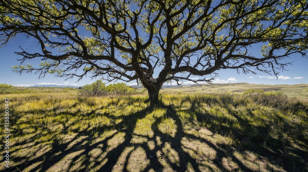 Poster dynamic shadow play of a tree's evolving form open field nature scene daylight ground level natural 