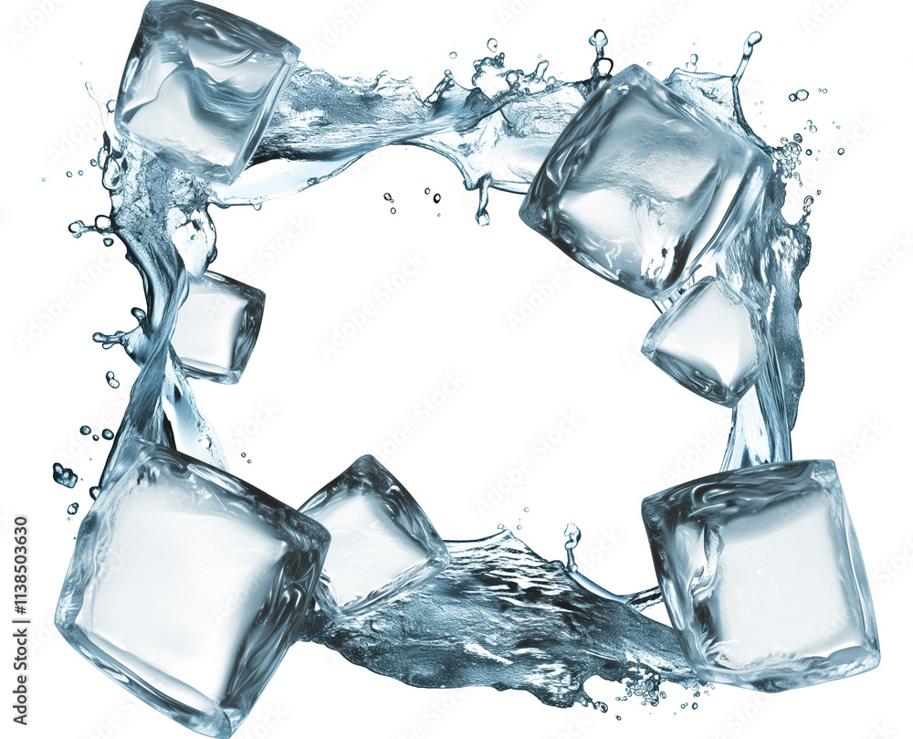Poster Ice cubes and splashing water create dynamic frame on white background, showcasing refreshing and clear nature of elements