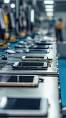 Obraz premium A Showcase of Modern Smartphones on a Production Line in a Tech Factory Highlighting Advanced Manufacturing and Quality Control Processes for Devices