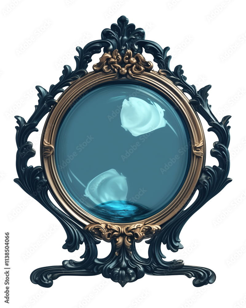 Poster ornate, vintage style photo frame with mystical orb inside, isolated on white background, exudes enc