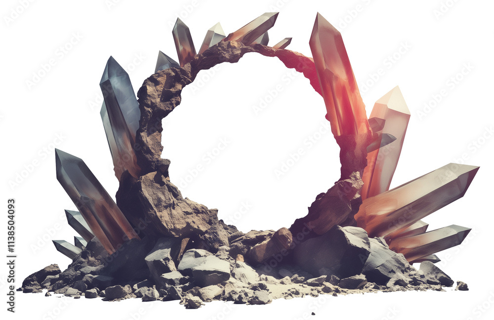 Aufkleber mystical crystal cave photo frame with large, translucent crystals forming circular shape, isolated 