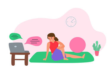 woman in yoga pose doing stretching exercise at home using laptop online training vector illustration