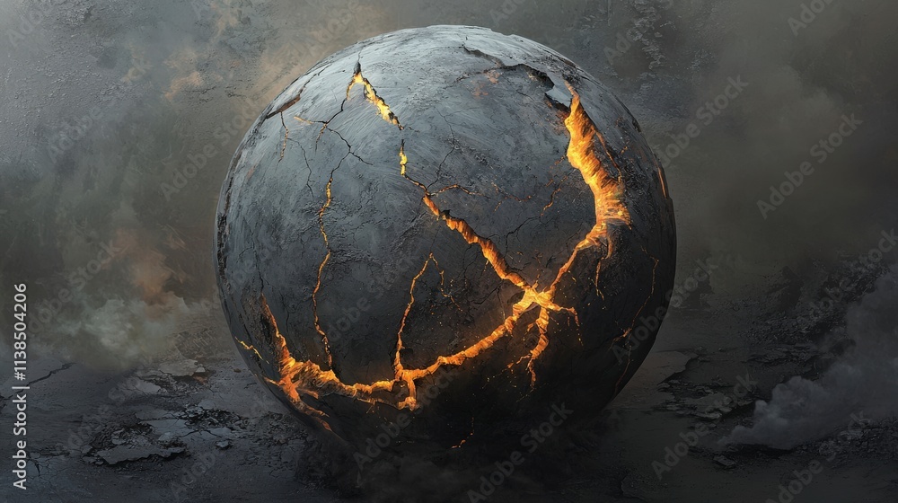 Poster abstract sphere with fissures dark environment digital art surreal concept mysterious atmosphere cap