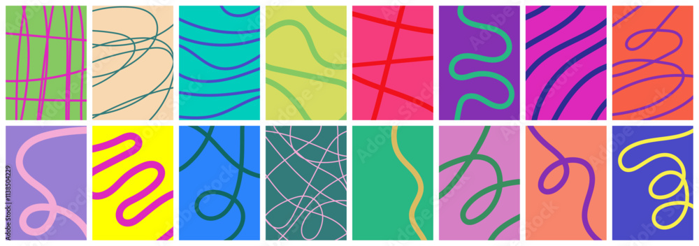 Sticker minimalist backgrounds colored with random, irregular lines and curves
