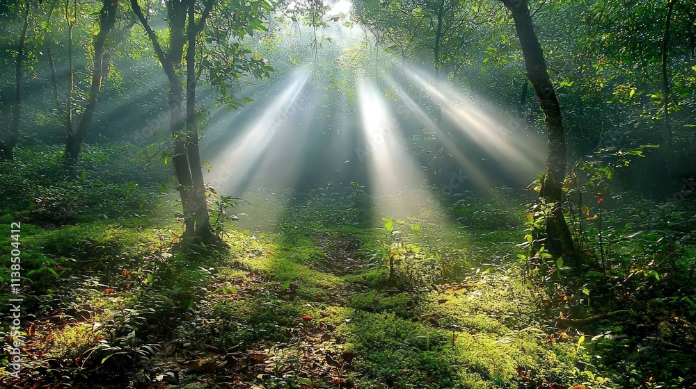 Poster mysterious sunlight breaking through fog in enchanted forest nature scene tranquil environment seren