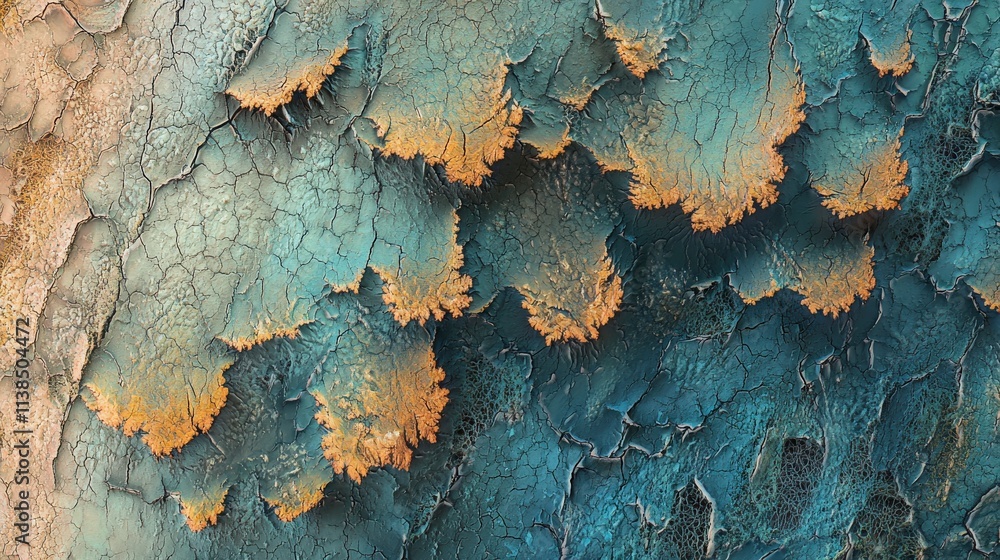 Aufkleber Weathered surface patterns abstract art textured background vibrant colors close-up view evolving nature