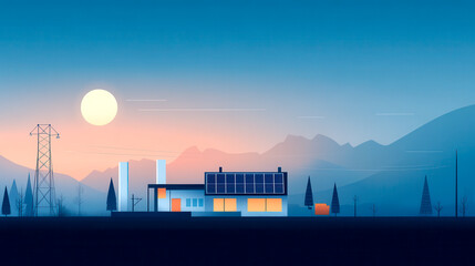 Fototapeta premium A serene landscape featuring a modern house against a colorful sunset, with mountains and power lines in the background.