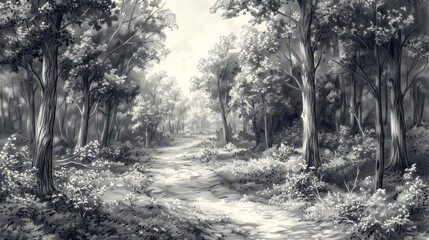 Obraz premium Monochrome forest path scene, trees, foliage, sunlight.