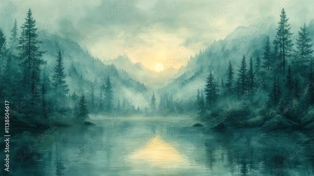 Poster serene landscape with misty mountains and a tranquil lake reflecting the soft sunlight.