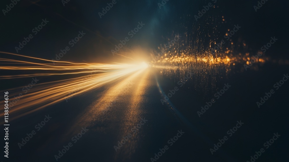 Poster soft flowing streaks of light trailing across a dimly lit urban road at night capturing motion and a