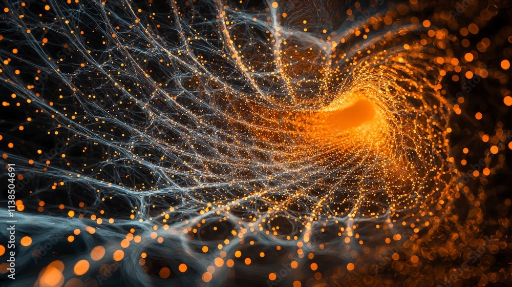 Aufkleber Dynamic flow of glowing particles in chaotic arrangement abstract digital art dark environment enigmatic viewpoint