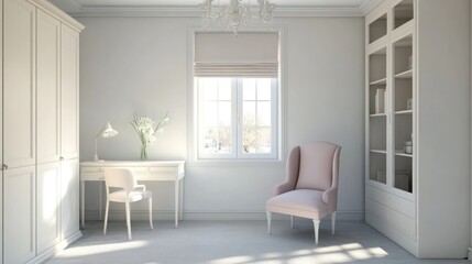 Sunlit minimalist bedroom with built-in storage, desk, chair, and window.