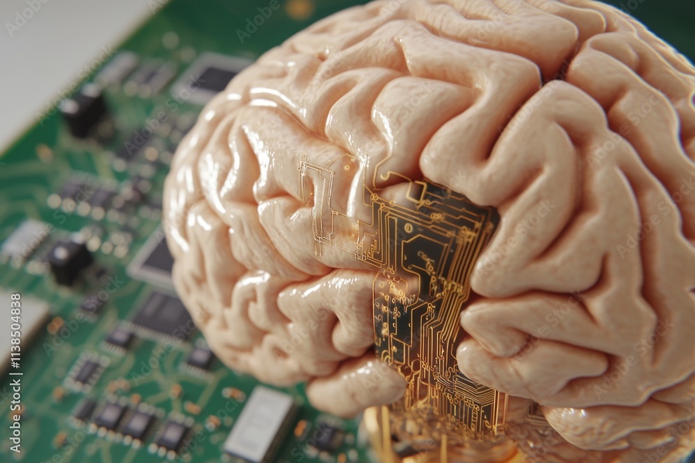 Aufkleber a 3d printed brain model on a modern circuit board, representing the intersection of technology and 