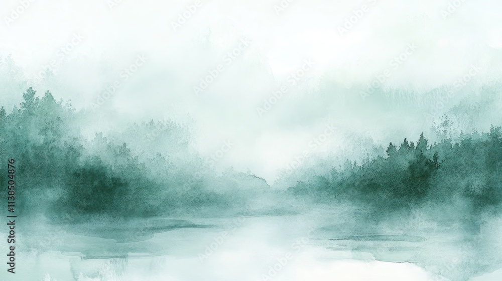 Poster serene misty landscape with soft hues reflecting calm waters and distant trees.