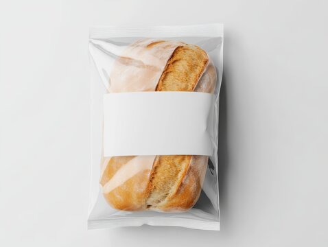Freshly baked bread loaf wrapped in transparent packaging, ready for sale. Perfect for showcasing bakery products and grocery items.