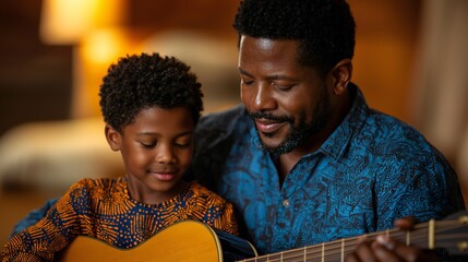 Black history month, Happy Father Son Playing Acoustic Guitar Together