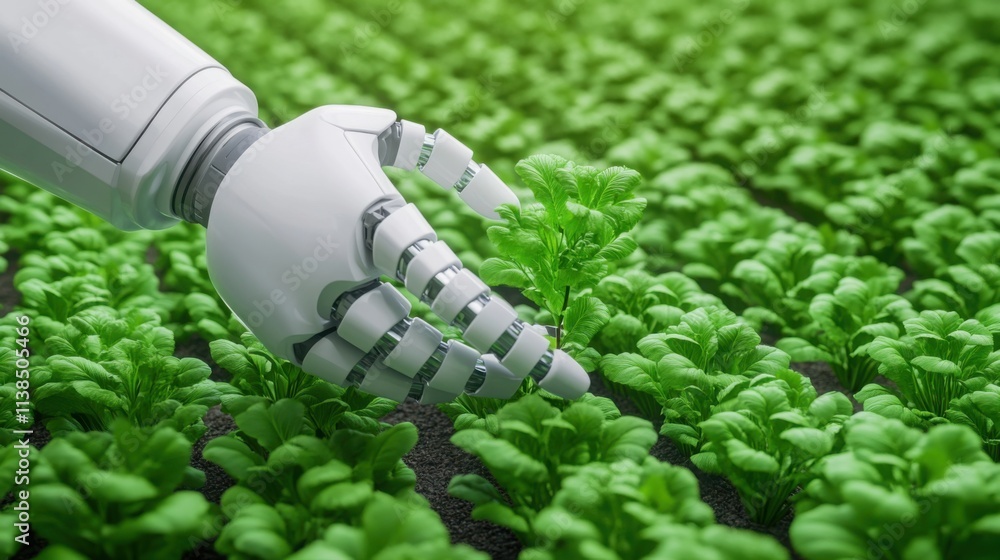 Poster a robotic hand carefully planting a sapling in fertile soil, surrounded by rows of neatly arranged p