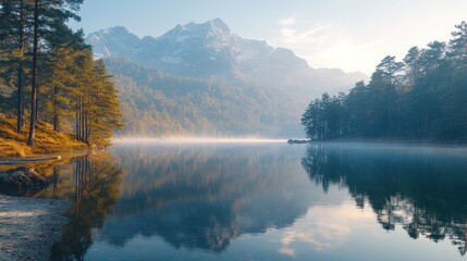Serene mountain landscape reflecting in a calm lake at dawn.