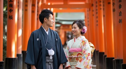 Traditional japanese couple in kimono at iconic torii gate pathway