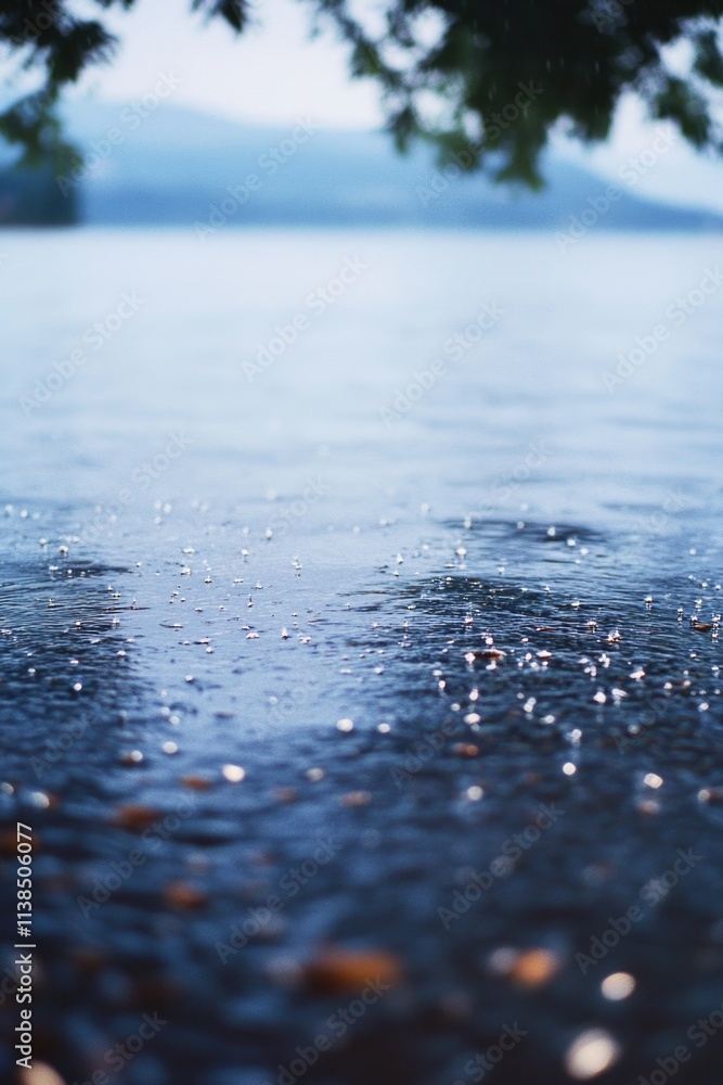 Poster A serene scene with a lake or river and a single tree in the background