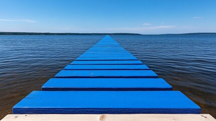 Blue Steps to the Horizon: A solitary path of blue wooden steps disappearing into the vast expanse of a tranquil lake, inviting contemplation and exploration.  
