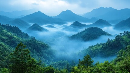 Serene mountain landscape shrouded in mist, showcasing lush greenery and rolling hills.