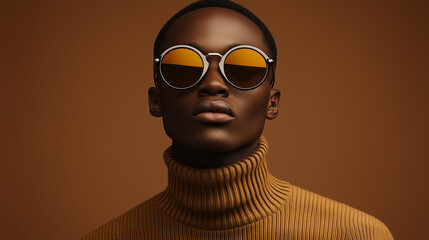 3D illustration of african young model wearing sunglasses on color cafe background