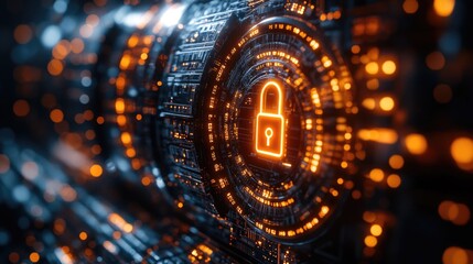 A glowing padlock on a digital circuit board