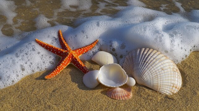 A starfish and a shell found on a sandy beach, great for travel or nature themes