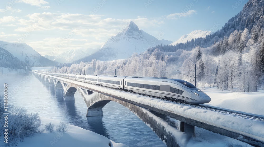 Poster a high-speed train crossing a snowy bridge, with snow piling up on the rails and the landscape blank