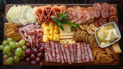 Gourmet cheese and meat platter with crackers and grapes.