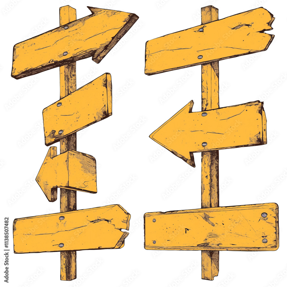 Poster Wooden directional signs with arrows pointing in various directions, isolated on white background, convey rustic and adventurous feel. PNG transparent
