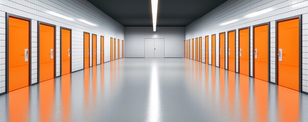 Naklejka premium Symmetrical prison hallway with vibrant orange cell doors and clean lines symbolizing security, order, and efficient facility design