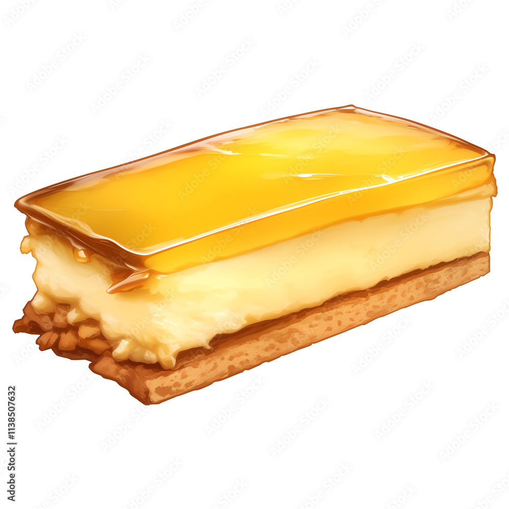 Poster delicious custard slice with glossy caramel topping sits on crisp pastry base, isolated on white bac