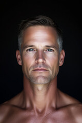 Fototapeta premium Portrait of a 40 year old, middle aged man with clean fresh skin against a black background.