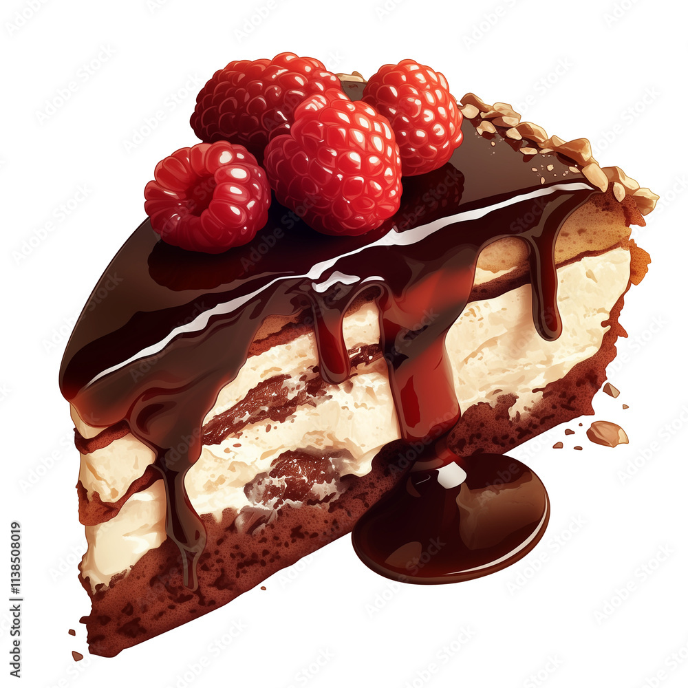 Poster decadent slice of chocolate cake topped with fresh raspberries and drizzled with rich chocolate sauc