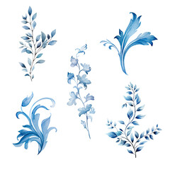 Blue and white Watercolor Leaves Chinoiserie ornament vintage art