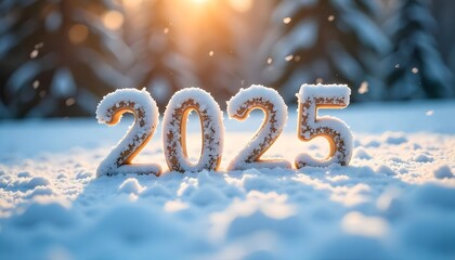 new year 2025 3d written in the snow, winter holidays, landscape greeting card holiday concepts