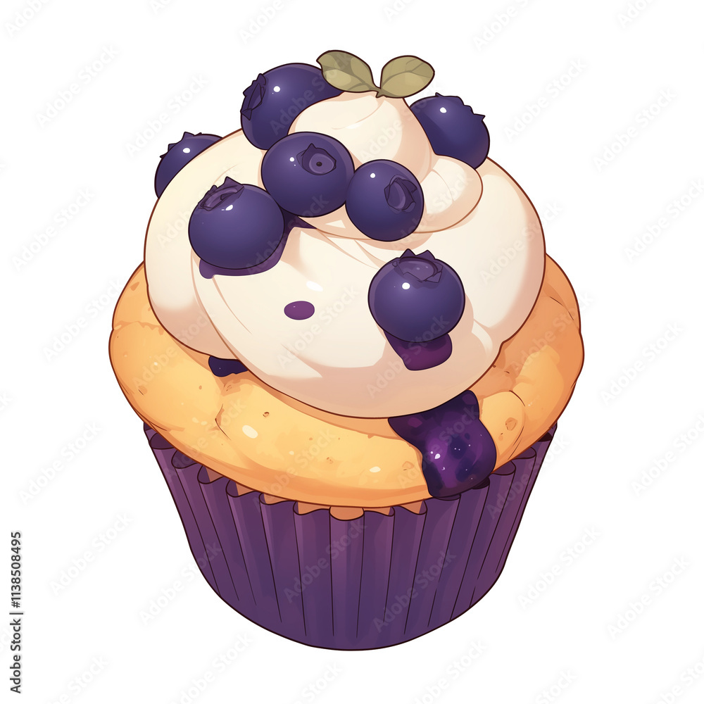 Poster delicious blueberry muffin topped with creamy frosting and fresh blueberries, isolated on white back
