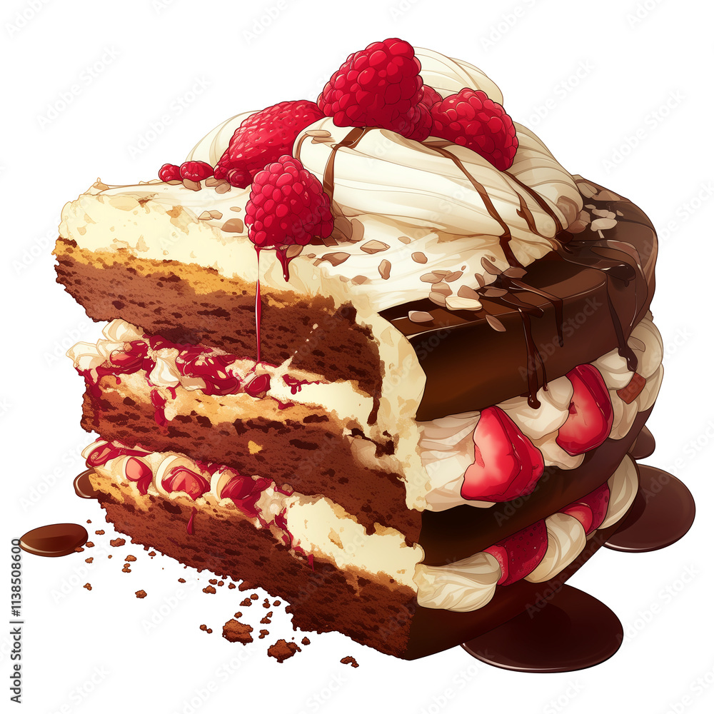 Poster decadent slice of chocolate cake with layers of cream, topped with fresh raspberries and drizzled wi