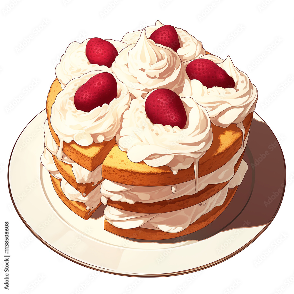 Poster fluffy genoise cake topped with whipped cream and fresh strawberries on white plate, creating deligh