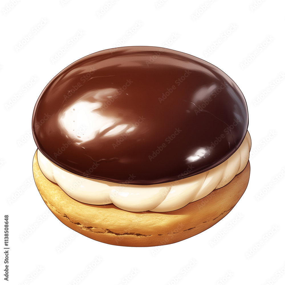 Poster chocolate covered marshmallow pie with creamy filling sits on white background, showcasing its gloss