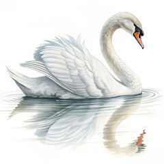 Fototapeta premium A detailed illustration of a white swan swimming gracefully on a calm lake, its reflection mirroring the water's ripples.