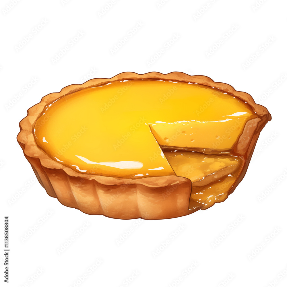 Poster delicious custard tart with golden crust and smooth filling, isolated on white background, showcasin