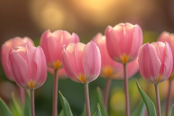 A bouquet of bright pink tulips in a lush green garden