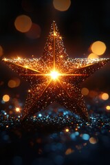 A shiny gold star on a black background