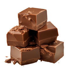 Rich and creamy chocolate fudge pieces stacked with chocolate shavings on white background, showcasing delicious and indulgent treat