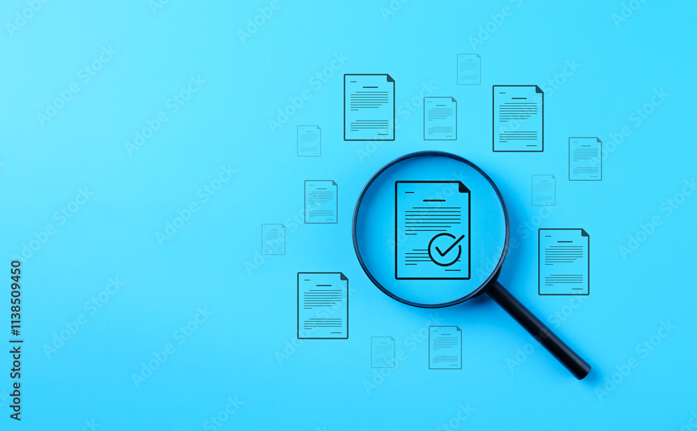 Poster document review and quality control concept. document with a checkmark, quality assurance, and proce